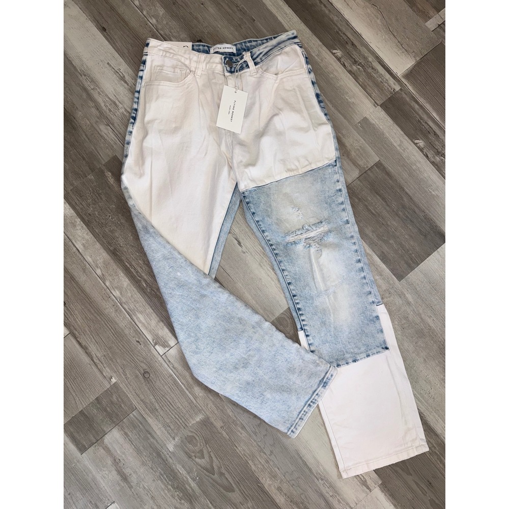 Flying Monkey Boyfriend Jeans Women White Blue Colorblock Distressed Size 26